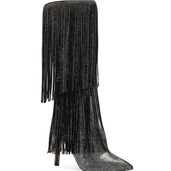 NWT Fringe Rhinestone Beaded Heeled Knee-High Boots Pointed Toe Metallic Boot - Picture 14 of 16